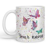 Vixar Personalised Mug with Your Text Name Butterfly Animals Watercolour Art Coloured Ceramic Mug Cup Gift 330ml 11oz Custom Work Office Tea Coffee (White)