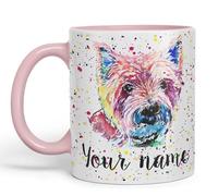 Vixar Personalised Mug with Your Text Name West Highland Terrier Scottish Animals Watercolour Art Coloured Ceramic Mug Cup Gift 330ml 11oz Custom Work Office Tea Coffee (Pink)