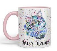 Vixar Personalised with Your Text Blue Cat Kitten Feline Watercolour Art Coloured Ceramic Mug Cup Gift 330ml 11oz Custom Work Office Tea Coffee (Pink)