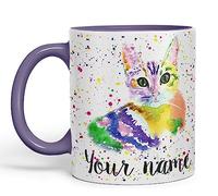 Vixar Personalised with Your Text Cat Kitten Feline Pet Animals Watercolour Art Coloured Ceramic Mug Cup Gift 330ml 11oz Custom Work Office Tea Coffee (Purple)