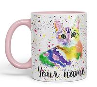 Vixar Personalised with Your Text Cat Kitten Feline Pet Animals Watercolour Art Coloured Ceramic Mug Cup Gift 330ml 11oz Custom Work Office Tea Coffee (Pink)