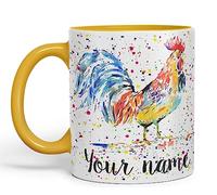 Vixar Personalised with Your Text Cockerel Chicken Hen Farm Watercolour Art Coloured Ceramic Mug Cup Gift 330ml 11oz Custom Work Office Tea Coffee (G Yellow)