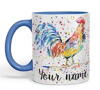 Vixar Personalised with Your Text Cockerel Chicken Hen Farm Watercolour Art Coloured Ceramic Mug Cup Gift 330ml 11oz Custom Work Office Tea Coffee (C Blue)