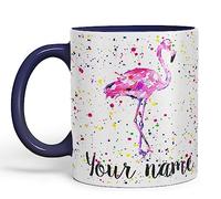 Vixar Personalised with Your Text Flamingo Bird Animals Watercolour Art Coloured Ceramic Mug Cup Gift 330ml 11oz Custom Work Office Tea Coffee (Navy)