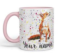 Vixar Personalised with Your Text Fox British Wildlife Animals Watercolour Art Coloured Ceramic Mug Cup Gift 330ml 11oz Custom Work Office Tea Coffee (Pink)