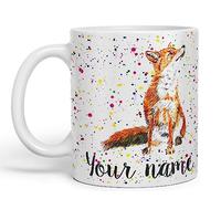 Vixar Personalised with Your Text Fox British Wildlife Animals Watercolour Art Coloured Ceramic Mug Cup Gift 330ml 11oz Custom Work Office Tea Coffee (White)