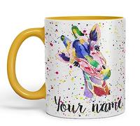 Vixar Personalised with Your Text Giraffe Safari Wildlife Animals Watercolour Art Coloured Ceramic Mug Cup Gift 330ml 11oz Custom Work Office Tea Coffee (G Yellow)
