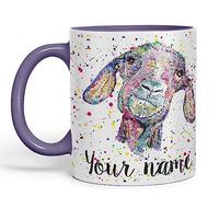 Vixar Personalised with Your Text Goat Farm Animals Watercolour Art Coloured Ceramic Mug Cup Gift 330ml 11oz Custom Work Office Tea Coffee (Purple)