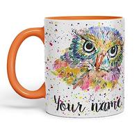 Vixar Personalised with Your Text Owl Bird Watercolour Art Coloured Ceramic Mug Cup Gift 330ml 11oz Custom Work Office Tea Coffee (O1) (Orange)