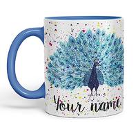 Vixar Personalised with Your Text Peacock Peafowl Bird Watercolour Art Coloured Ceramic Mug Cup Gift 330ml 11oz Custom Work Office Tea Coffee (O2) (C Blue)