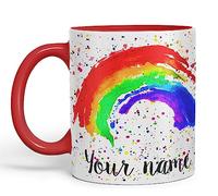 Vixar Personalised with Your Text Rainbow Watercolour Art Coloured Ceramic Mug Cup Gift 330ml 11oz Custom Work Office Tea Coffee (O1) (Red)