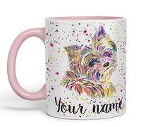 Vixar Personalised with Your Text Yorkshire Terrier Yorkie York Dog Pet Animals Watercolour Art Coloured Ceramic Mug Cup Gift 330ml 11oz Custom Work Office Tea Coffee (O2) (Pink)