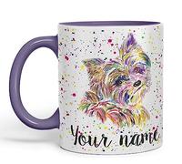 Vixar Personalised with Your Text Yorkshire Terrier Yorkie York Dog Pet Animals Watercolour Art Coloured Ceramic Mug Cup Gift 330ml 11oz Custom Work Office Tea Coffee (O2) (Purple)