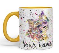 Vixar Personalised with Your Text Yorkshire Terrier Yorkie York Dog Pet Animals Watercolour Art Coloured Ceramic Mug Cup Gift 330ml 11oz Custom Work Office Tea Coffee (O2) (G Yellow)