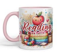 Vixar Reading Teacher Mug Thank You, End of School Gift Ceramic Coloured Mug Cup for Tea Coffee Hot Brew 330ml 11Oz Gift (Pink)