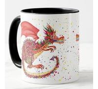 Vixar Red Dragon Repile Lizard Hand Painted Design Watercolour Art Coloured Mug Cup Gift Birthday Work Office Christmas Tea Coffee (Black)