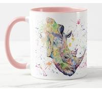 Vixar Rhino Wild Animals Watercolour Art Coloured Mug Cup Gift Birthday Work Office Christmas Tea Coffee (Pink)