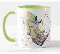 Vixar Rhino Wild Animals Watercolour Art Coloured Mug Cup Gift Birthday Work Office Christmas Tea Coffee (L Green)