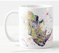 Vixar Rhino Wild Animals Watercolour Art Coloured Mug Cup Gift Birthday Work Office Christmas Tea Coffee (White)