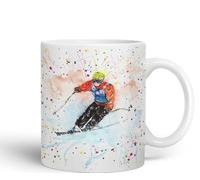 Vixar Skiing Ski Winter Sport Watercolour Ceramic Coloured Mug Cup for Tea Coffee Hot Brew 330ml 11Oz Gift (White)