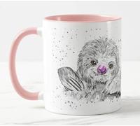 Vixar Sloth Black White Watercolour Art Coloured Mug Cup Gift Birthday Work Office Christmas Tea Coffee (Pink)
