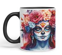 Vixar Sugar Skull and Roses Ceramic Coloured Mug Cup for Tea Coffee Hot Brew 330ml 11Oz Gift sk1 (Black)