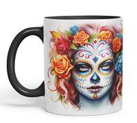 Vixar Sugar Skull and Roses Ceramic Coloured Mug Cup for Tea Coffee Hot Brew 330ml 11Oz Gift sk3 (Black)