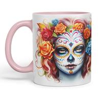 Vixar Sugar Skull and Roses Ceramic Coloured Mug Cup for Tea Coffee Hot Brew 330ml 11Oz Gift sk3 (Pink)