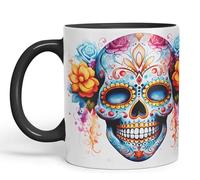 Vixar Sugar Skull and Roses Ceramic Coloured Mug Cup for Tea Coffee Hot Brew 330ml 11Oz Gift sk4 (Black)