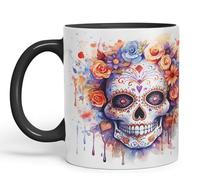 Vixar Sugar Skull and Roses Ceramic Coloured Mug Cup for Tea Coffee Hot Brew 330ml 11Oz Gift sk5 (Black)