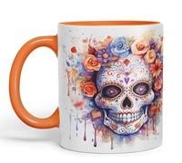 Vixar Sugar Skull and Roses Ceramic Coloured Mug Cup for Tea Coffee Hot Brew 330ml 11Oz Gift sk5 (Orange)