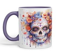 Vixar Sugar Skull and Roses Ceramic Coloured Mug Cup for Tea Coffee Hot Brew 330ml 11Oz Gift sk5 (Purple)