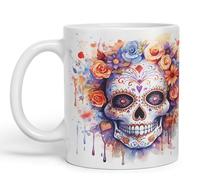 Vixar Sugar Skull and Roses Ceramic Coloured Mug Cup for Tea Coffee Hot Brew 330ml 11Oz Gift sk5 (White)