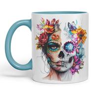 Vixar Sugar Skull Floral Woman Mug - Artistic Day of the Dead Design, Boho Coloured Mug Cup V1 (Turq)