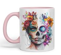 Vixar Sugar Skull Floral Woman Mug - Artistic Day of The Dead Design, Boho Coloured Mug Cup V1 (White)