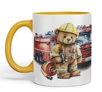 Vixar Teddy Bear Firefighter Firemen Themed Ceramic Mug Coloured Mug Cup Gift Birthday Work Office Tea Coffee (G Yellow)