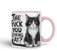 Vixar The F*** You Looking at? Sarcastic cat Coloured Ceramic Mug Cup Gift, 11oz (Pink)