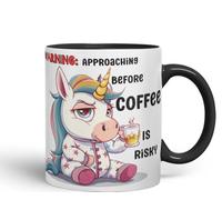 Vixar Warning Unicorn Coffee Mug - Approaching Before Coffee is Risky - Coloured Ceramic Mug Cup Gift, 11oz (Black)