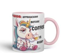Vixar Warning Unicorn Coffee Mug - Approaching Before Coffee is Risky - Coloured Ceramic Mug Cup Gift, 11oz (Pink)
