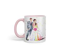 Vixar Wedding Mr and Mrs Bride and Groom Watercolour Art Coloured Mug Cup Gift Birthday Work Office Tea Coffee (Pink)