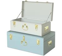 Vixdonos Decorative Large Metal Box Storage Trunk Chest Set of 2 College Dorm Organizer with Hardware Hasps and Handle for Home Deocr,23.7X14.2X9.5 Inches(White and Blue)
