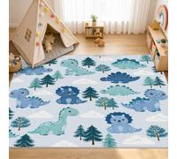 VIXENIUM Dinosaur Rug for Kids Room, Square 200 x 200 cm, Decor Carpet | Teal Blue Forest Animal Dino Area Rug Non Slip, Low Pile, Machine Washable, Bedroom, Nursery, Boys Girls Teen Play Room