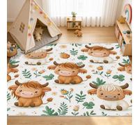 VIXENIUM Highland Cow Rug for Kids Room, Square 200 x 200 cm, Decor Carpet | Cute Animal Leaf Branch Area Rug Non Slip, Low Pile, Machine Washable, Bedroom, Nursery, Boys Girls Teen Play Room