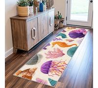 VIXENIUM Ocean Rug Runners for Hallways Non Slip Washable, Seahorse Jellyfish Seashell Runner Rug for Hall Kitchen Bedroom Rubber Backed, Back Door Mats Indoor 90x360 cm