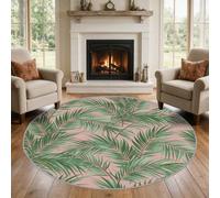 VIXENIUM Palm Leaf Extra Large Round Rugs for Living Room Bedroom 200cm | Tropical Botanical Green Pink Pattern, Kitchen, Non Slip, Low Pile, Machine Washable, Circle Area Rug, Palm Leaf Decor Carpet
