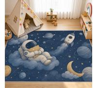 VIXENIUM Space Blue Rug for Kids Room, Square 120 x 120 cm, Decor Carpet | Astronaut Galaxy Planet Rocket Area Rug Non Slip, Low Pile, Machine Washable, Bedroom, Nursery, Boys Girls Teen Play Room