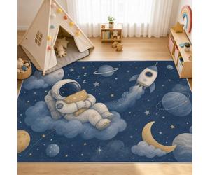 VIXENIUM Space Blue Rug for Kids Room, Square 120 x 120 cm, Decor Carpet | Astronaut Galaxy Planet Rocket Area Rug Non Slip, Low Pile, Machine Washable, Bedroom, Nursery, Boys Girls Teen Play Room