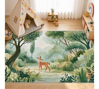 VIXENIUM Woodland Deer Rug for Kids Room, Square 200 x 200 cm, Decor Carpet | Forest Animal Jungle Green Area Rug Non Slip, Low Pile, Machine Washable, Bedroom, Nursery, Boys Girls Teen Play Room