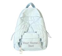 Vixznae Personalised Embroidered Angel Wings Backpack, Custom Name Cute Nylon School Bag with Charm Pendant, Sweet Kawaii Casual Daypack for College, Travel & Daily Commute，Blue