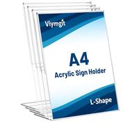 Viymgit A4 Acrylic Sign Holder, 4 Pack Clear Table Perspex Display Stand, Plastic Vertical L-Shape Menu Poster Holder for Restaurant, Office, Exhibition, Store